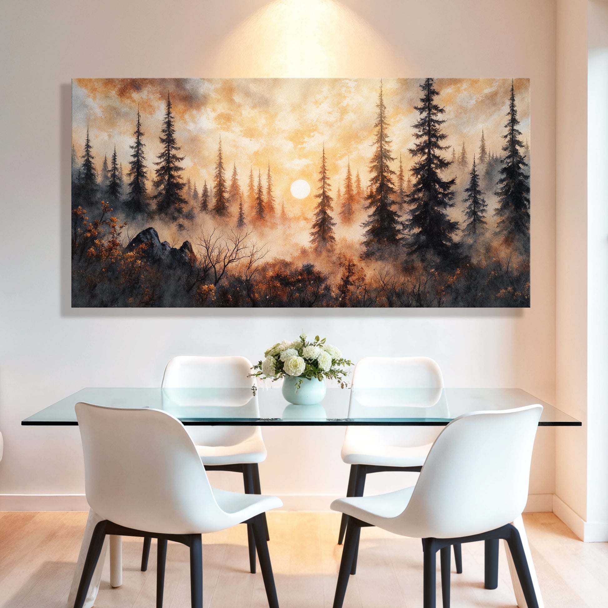 Forest sunset canvas wall art with tall pines, dark hills, and a glowing moon in warm sky.
