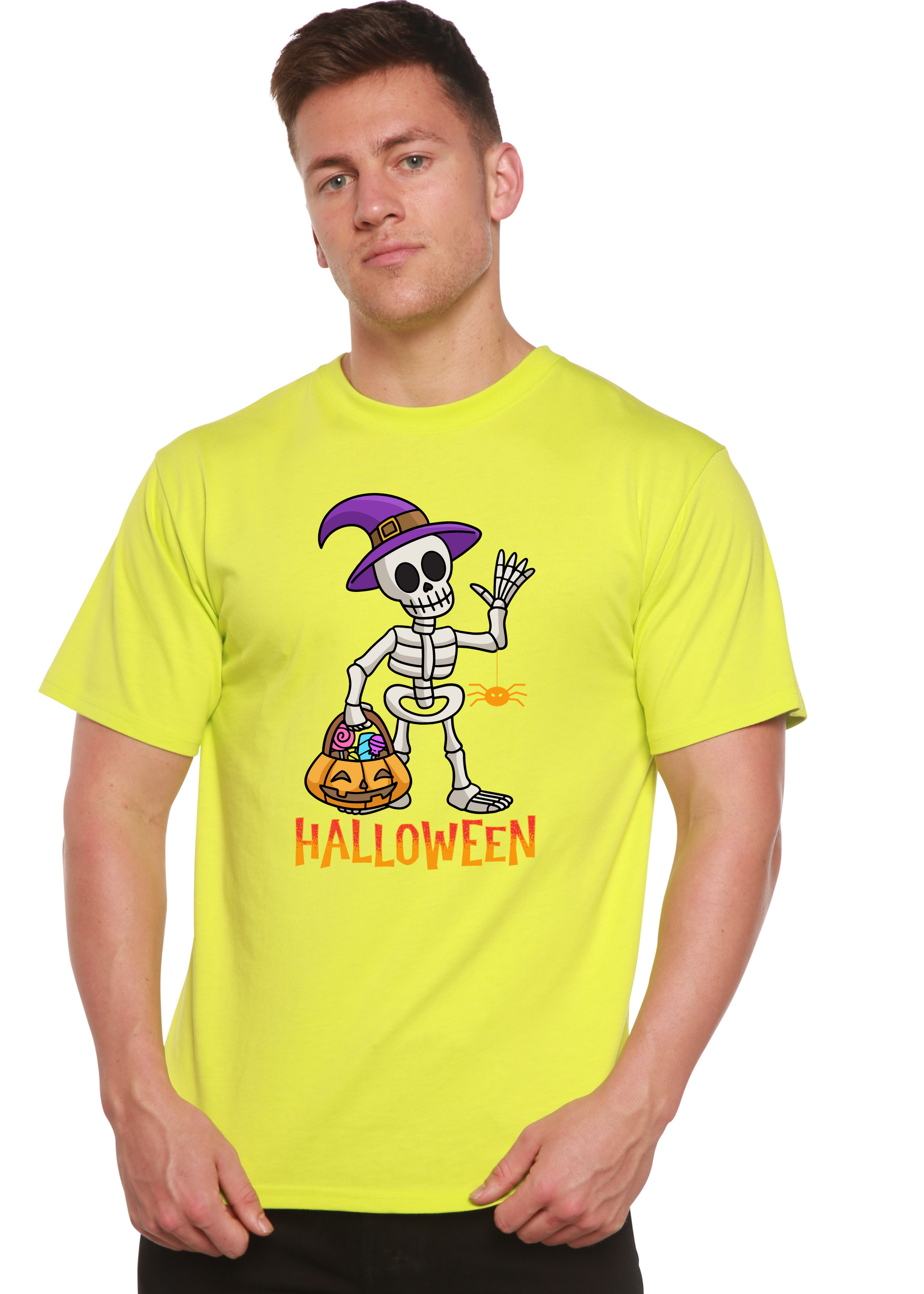 Bright yellow unisex crewneck T-shirt with short sleeves and Halloween skeleton graphic