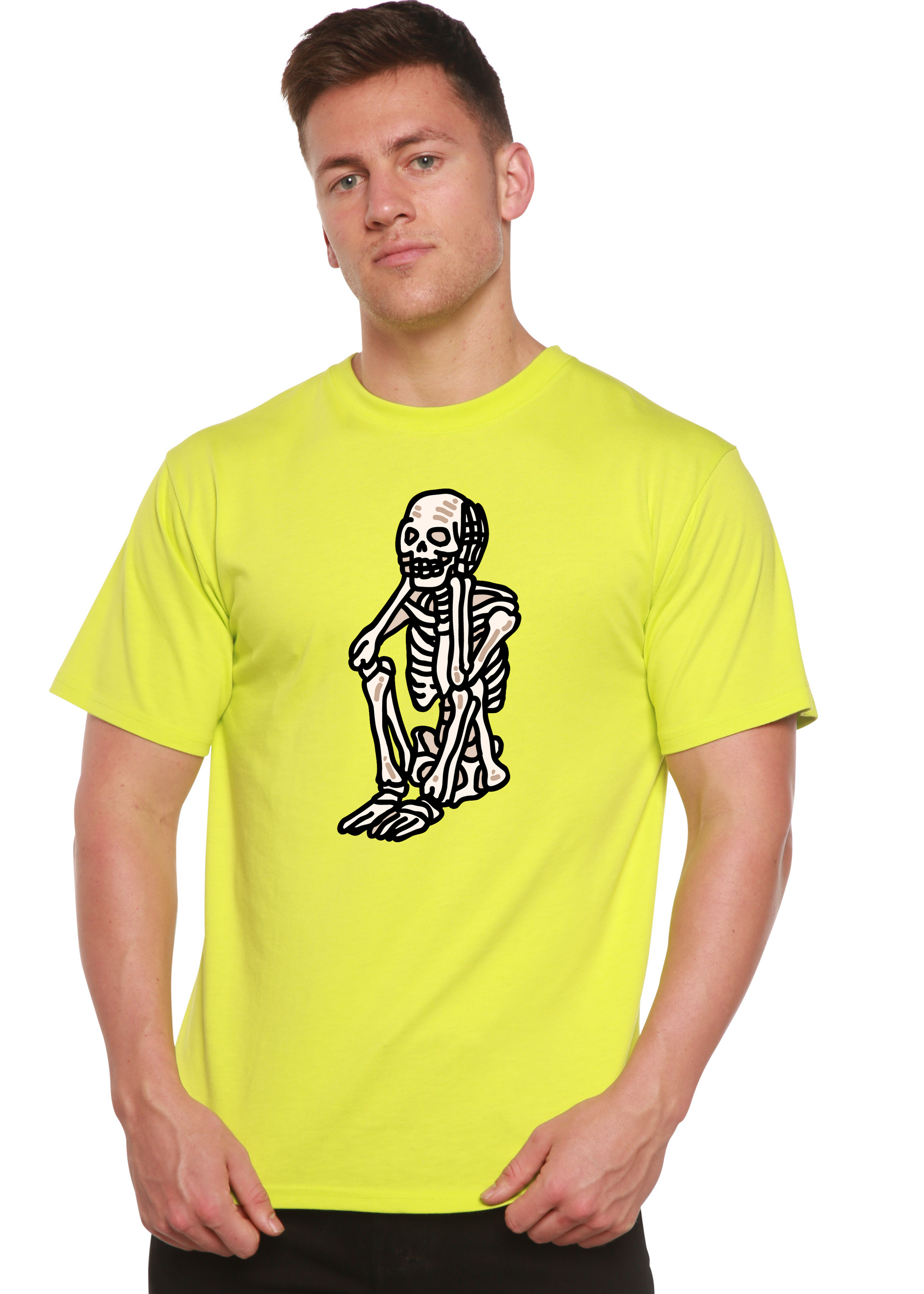 Unisex short-sleeve graphic T-shirt, neon yellow with black skeleton front print