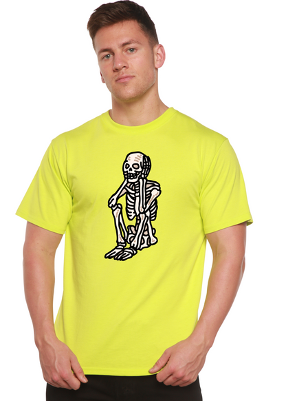 Unisex short-sleeve graphic T-shirt, neon yellow with black skeleton front print