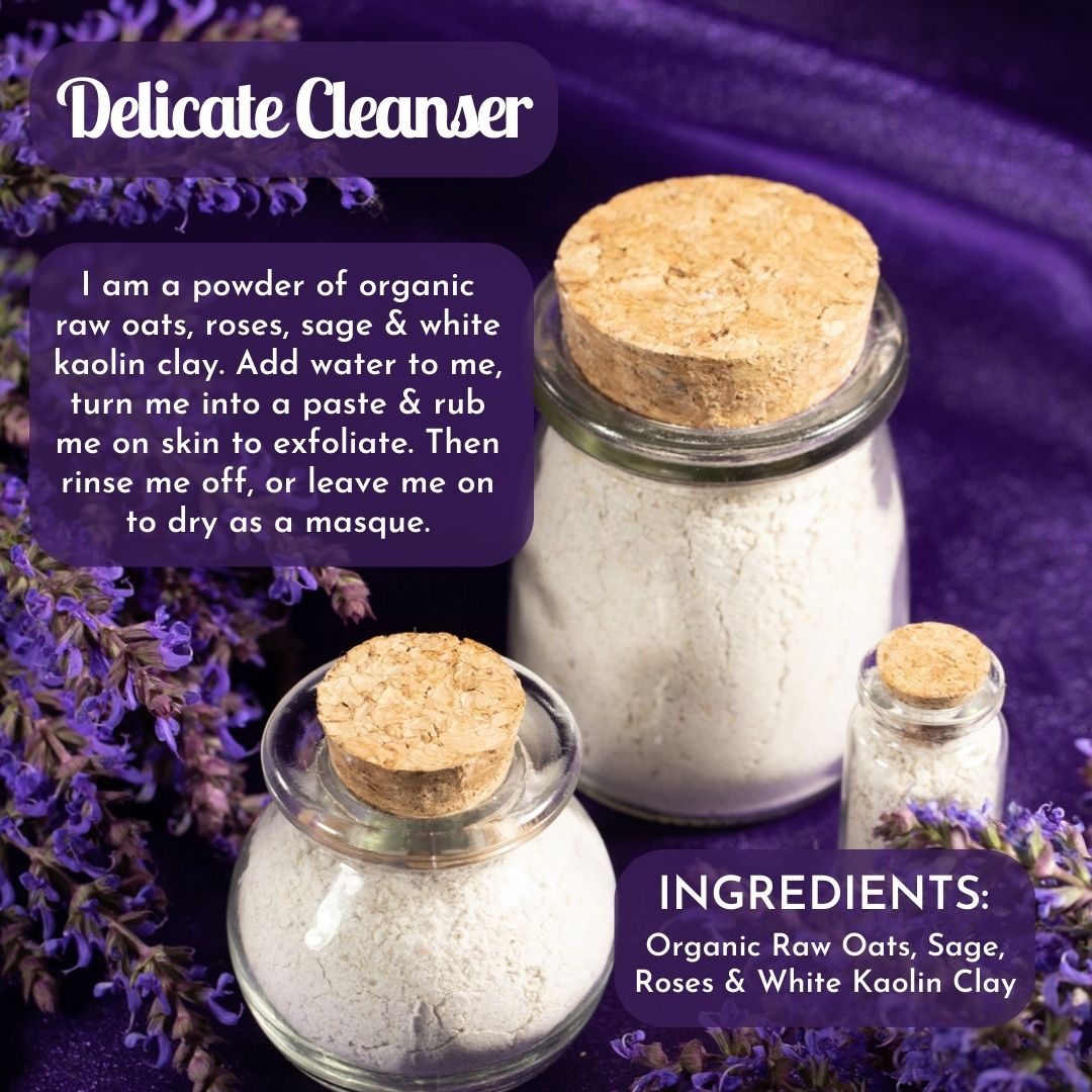 Delicate Cleanser jar and powder canisters with ingredients text label