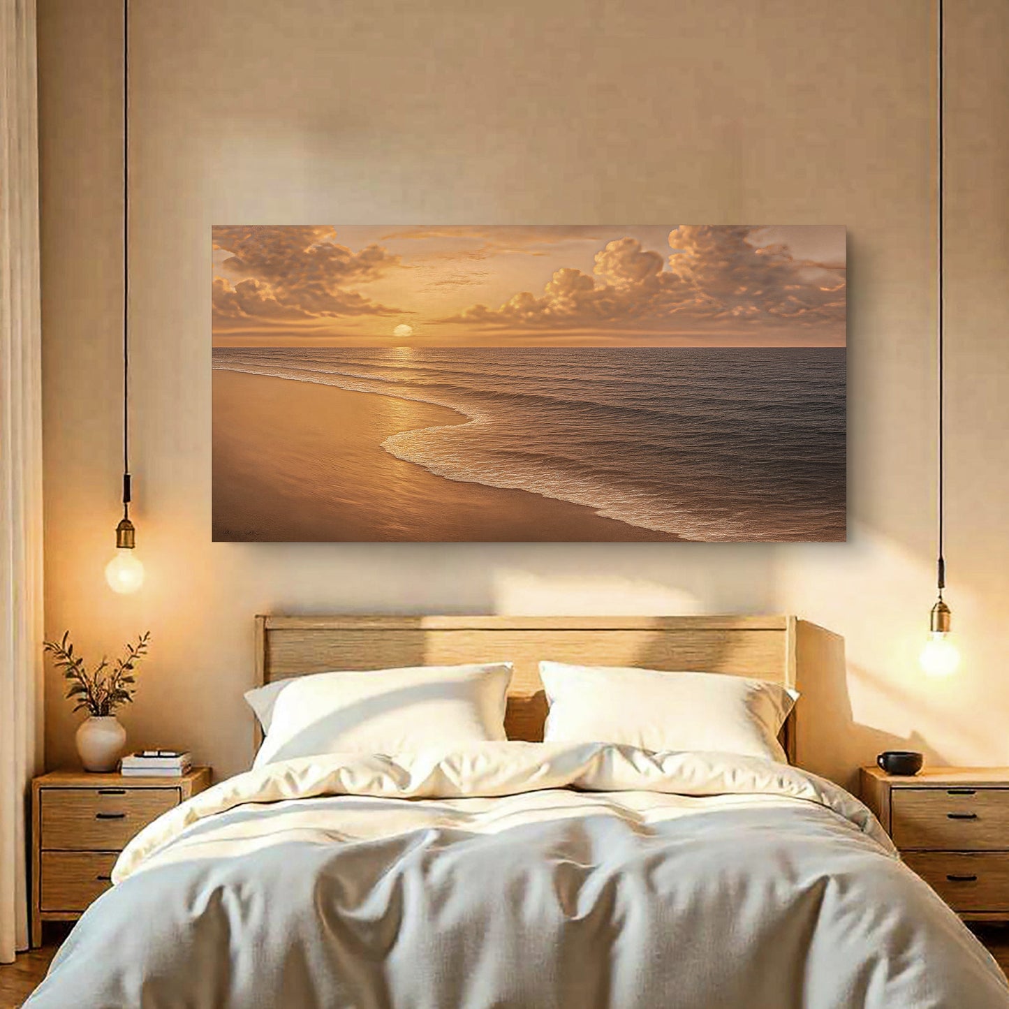 Coastal beach wall art canvas featuring shoreline waves under a low sun