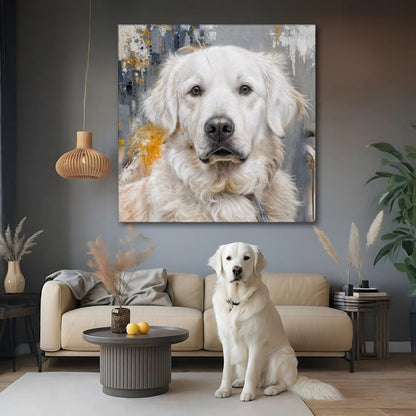 White dog portrait canvas with blue and gold abstract splatter background