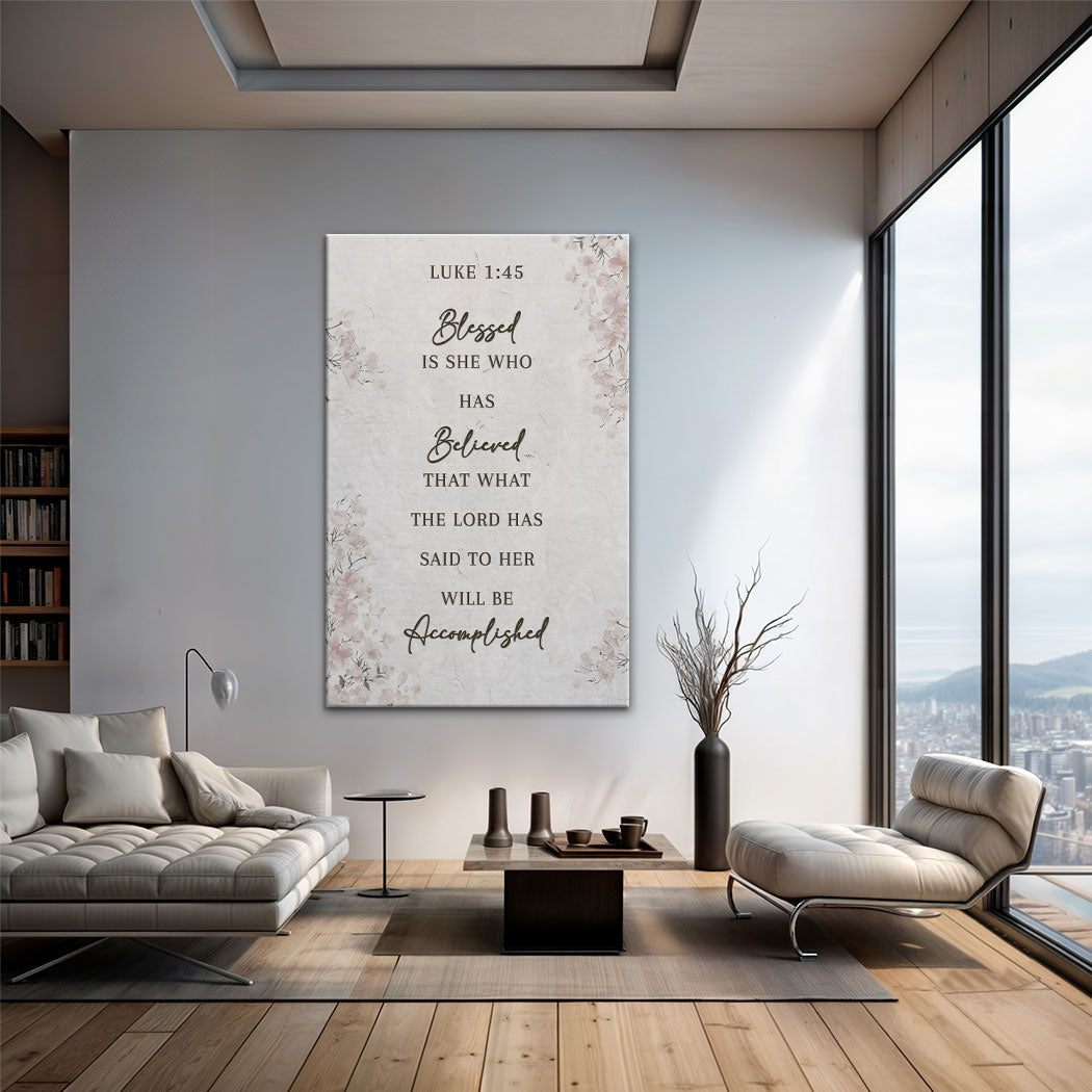 Framed wall art canvas featuring a pale floral print and the Luke 1:45 quote
