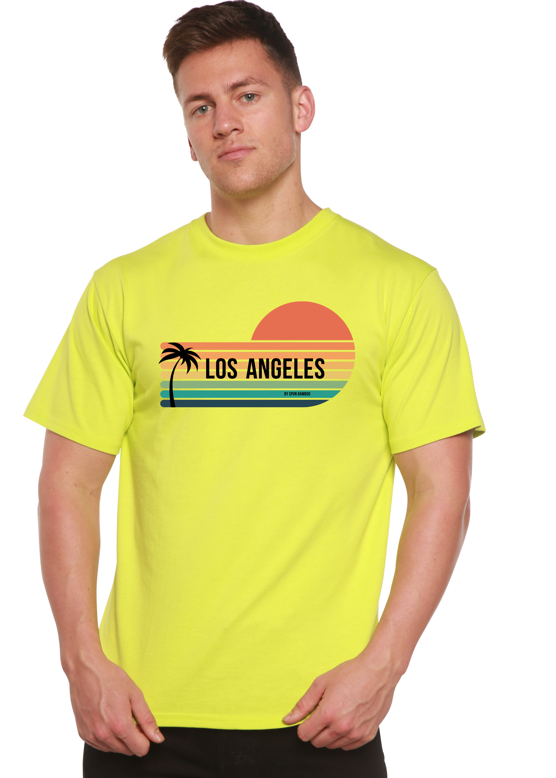Unisex short-sleeve graphic T-shirt in neon yellow-green with Los Angeles sunset palm print