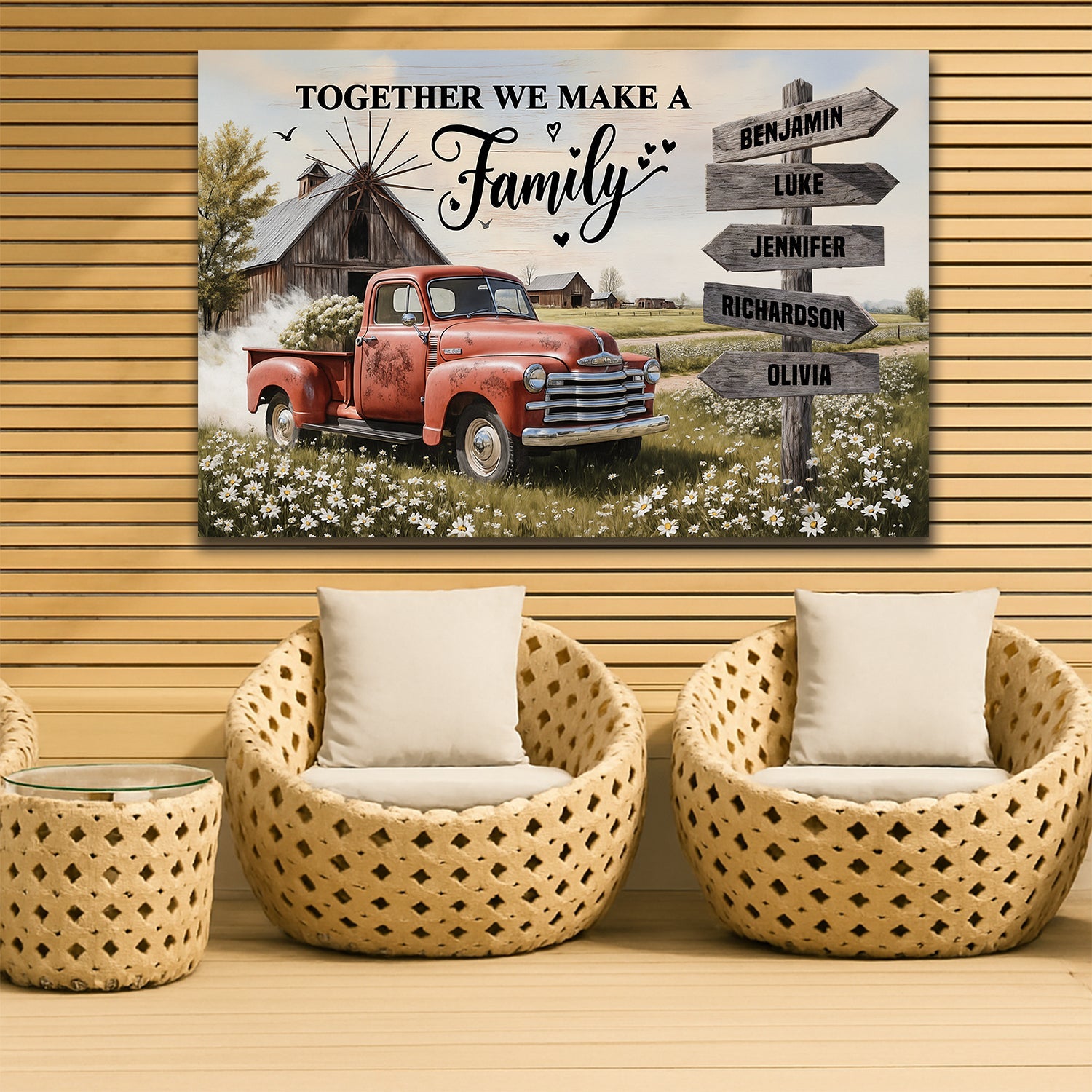Personalized canvas wall art showing a red vintage pickup truck and “Together We Make a Family”