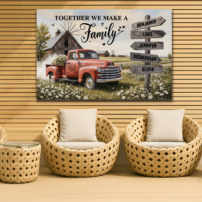 Personalized canvas wall art showing a red vintage pickup truck and “Together We Make a Family”