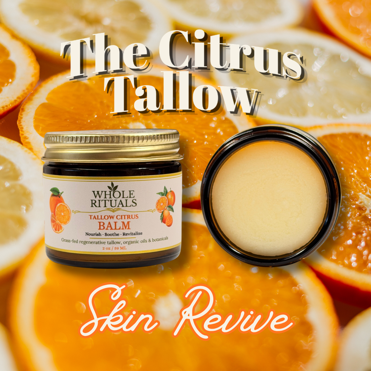 Tallow citrus balm jar with gold lid and beige balm center, Whole Rituals branding