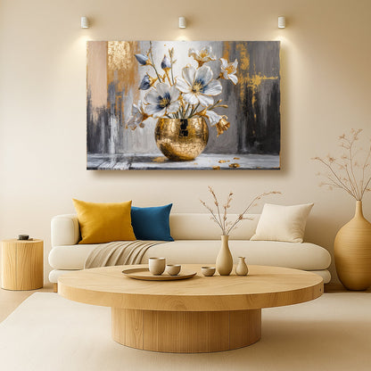 Blue and white floral abstract canvas wall art with a gold vase and gray-gold background