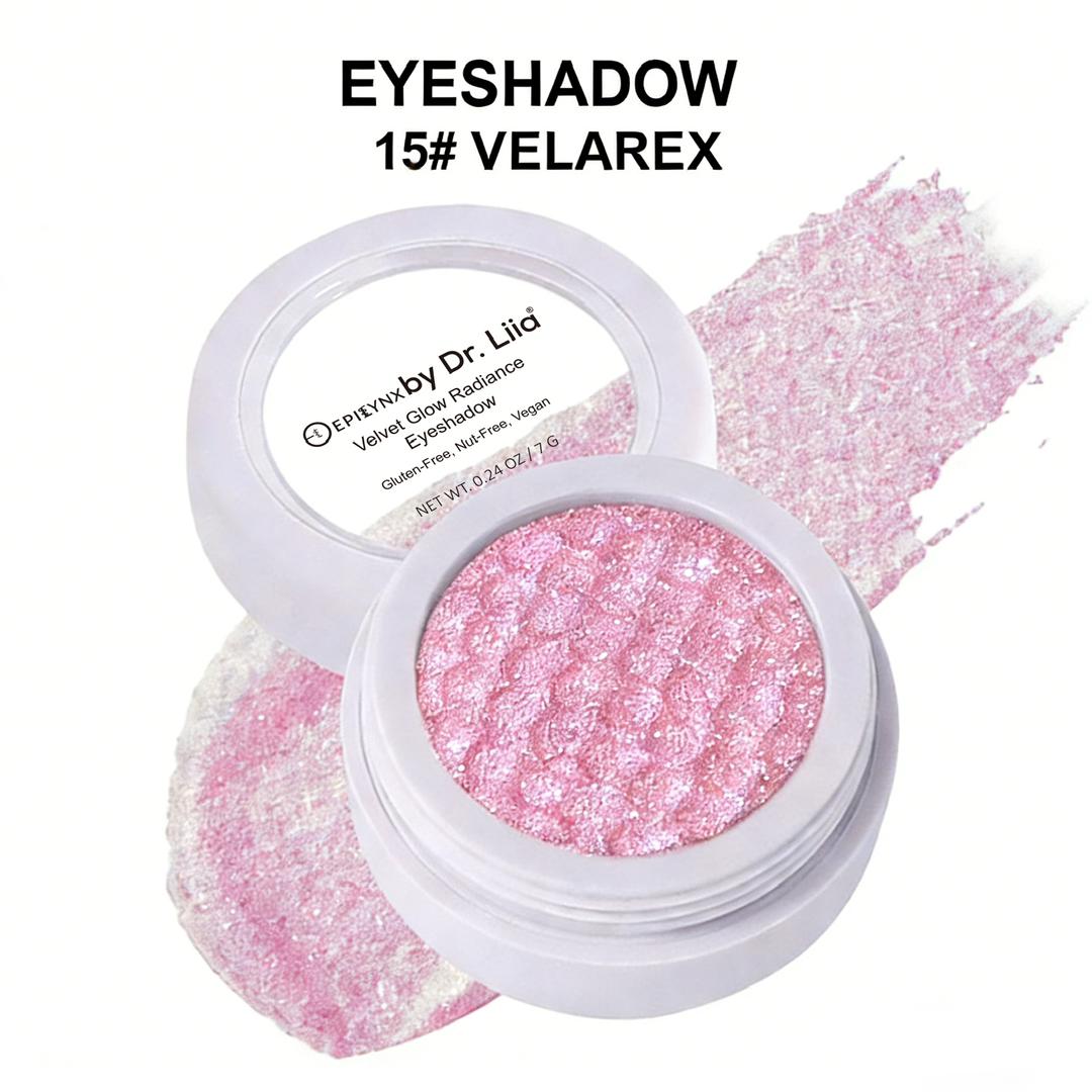 Eyeshadow compact with rose-pink shimmer pan and matching swatch