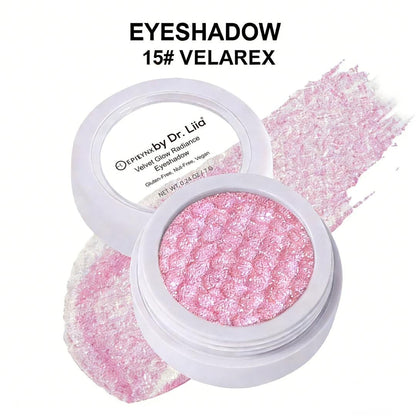 Eyeshadow compact showing pink glitter pan with light swatch