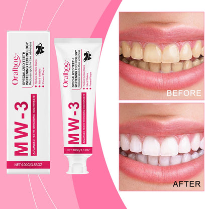 Whitening toothpaste box and tube with dental before/after panels
