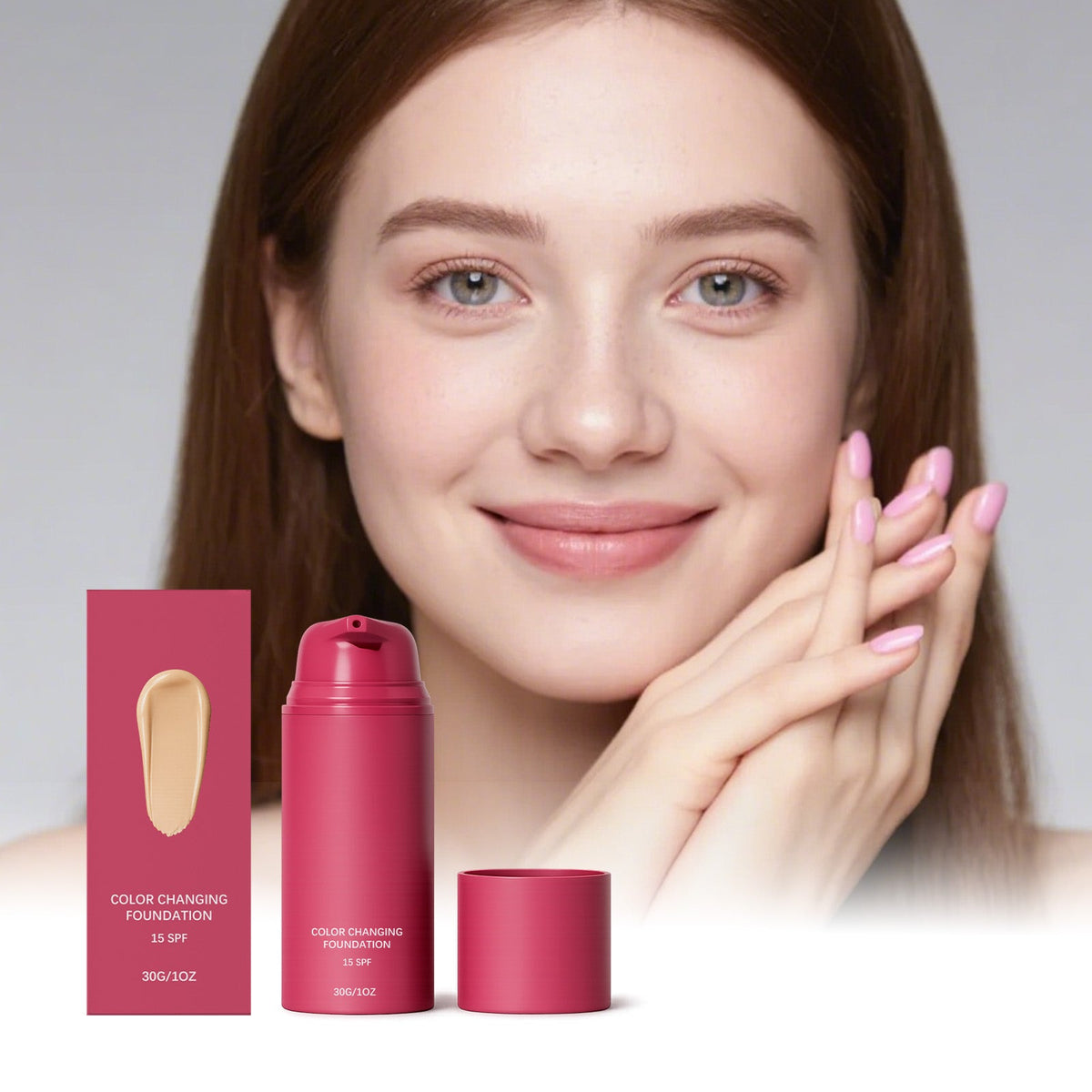Thermo-responsive foundation natural shade, pink bottle and jar with matching box, 30g
