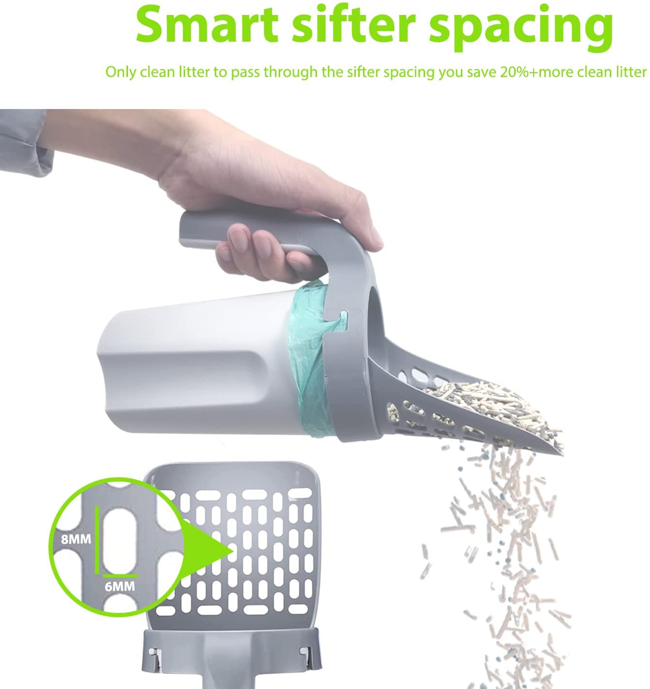 Cat litter scoop with perforated sifter head and close-up hole spacing
