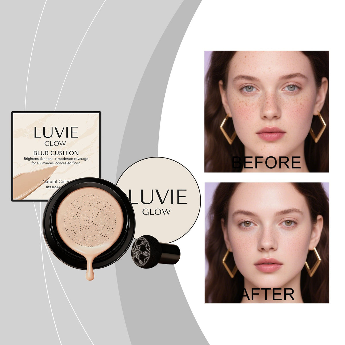 LUVE blur cushion foundation compact with natural tone coverage, before and after