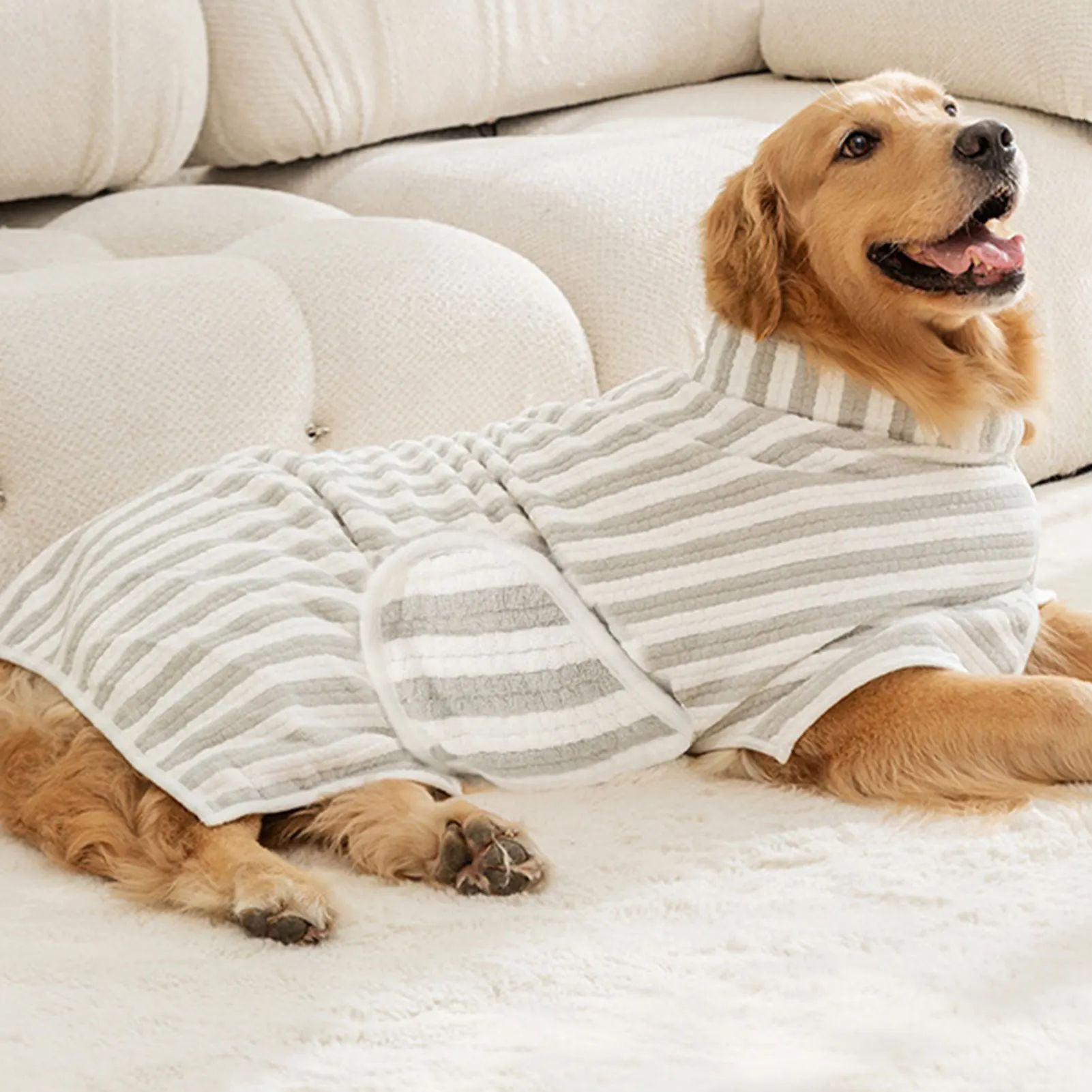 Dog bath robe towel with striped pattern and hooded neckline, plush wrap style