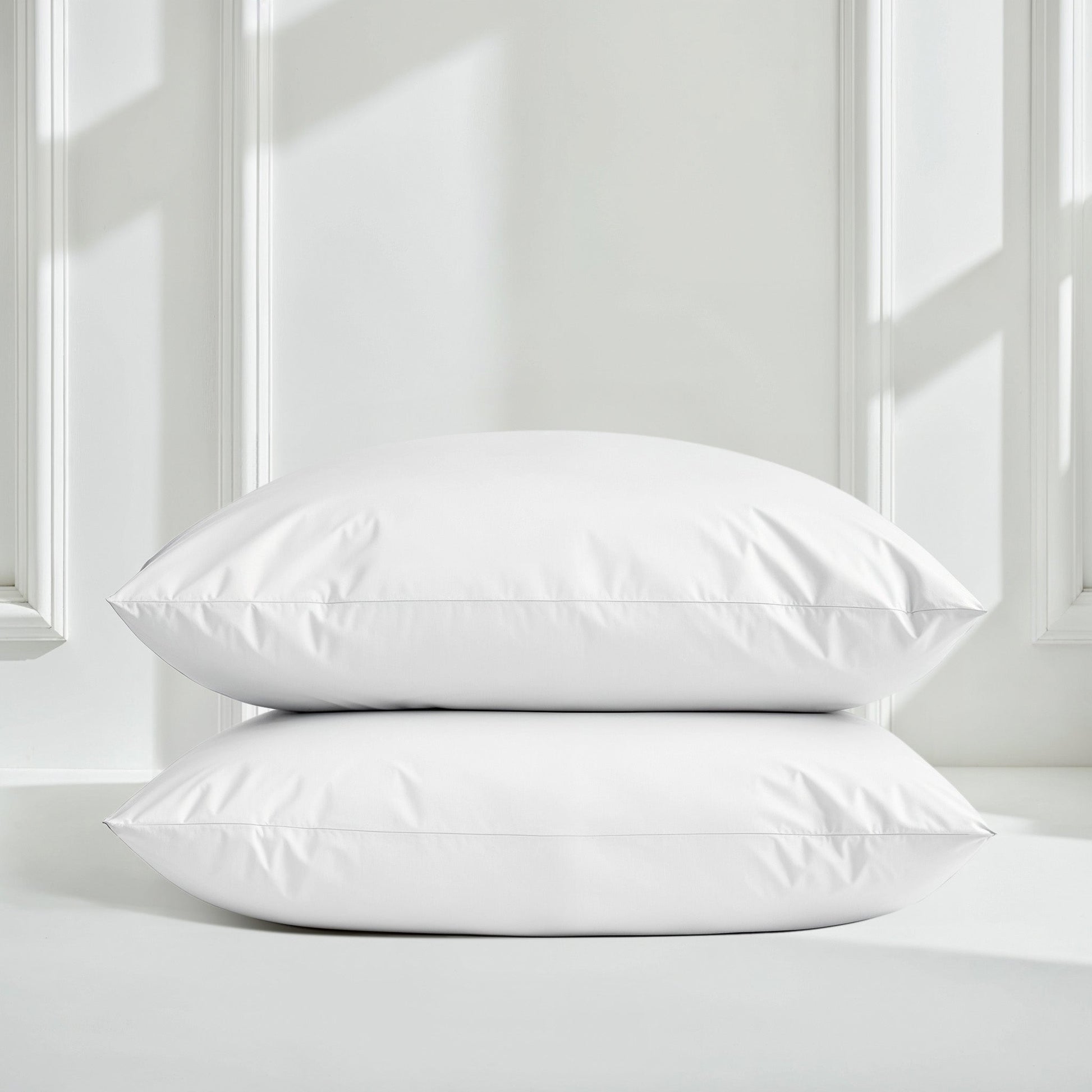 Sateen sheet set in white with two pillows stacked on bed