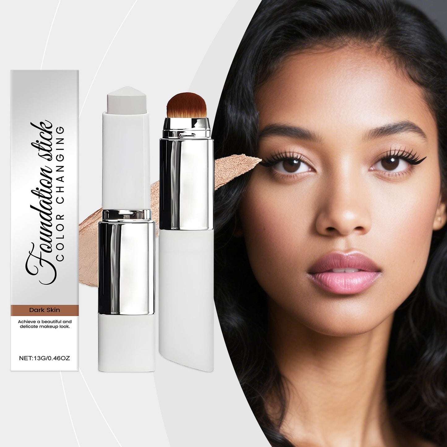 Color-changing foundation stick set with brush applicator and beige swatch, dark skin tone