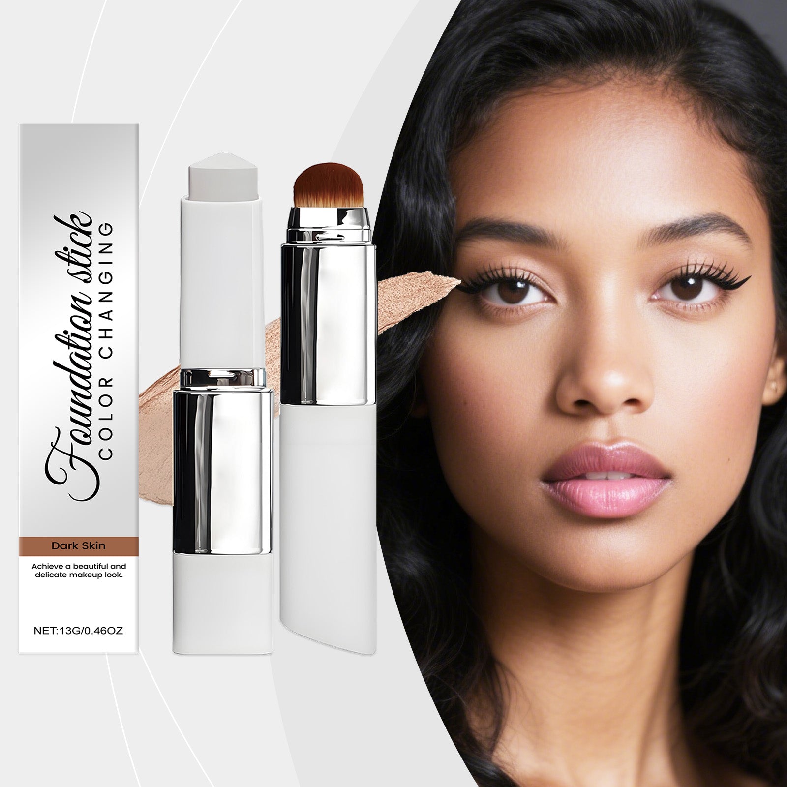 Color-changing foundation stick set with brush applicator and beige swatch, dark skin tone