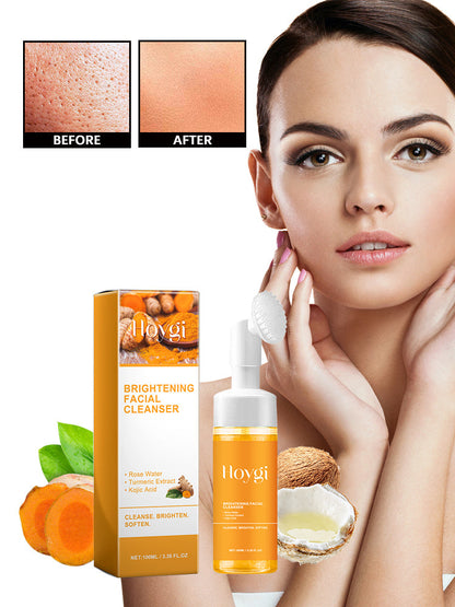 Facial cleanser bottle with white pump and brightening box beside before/after skin panels