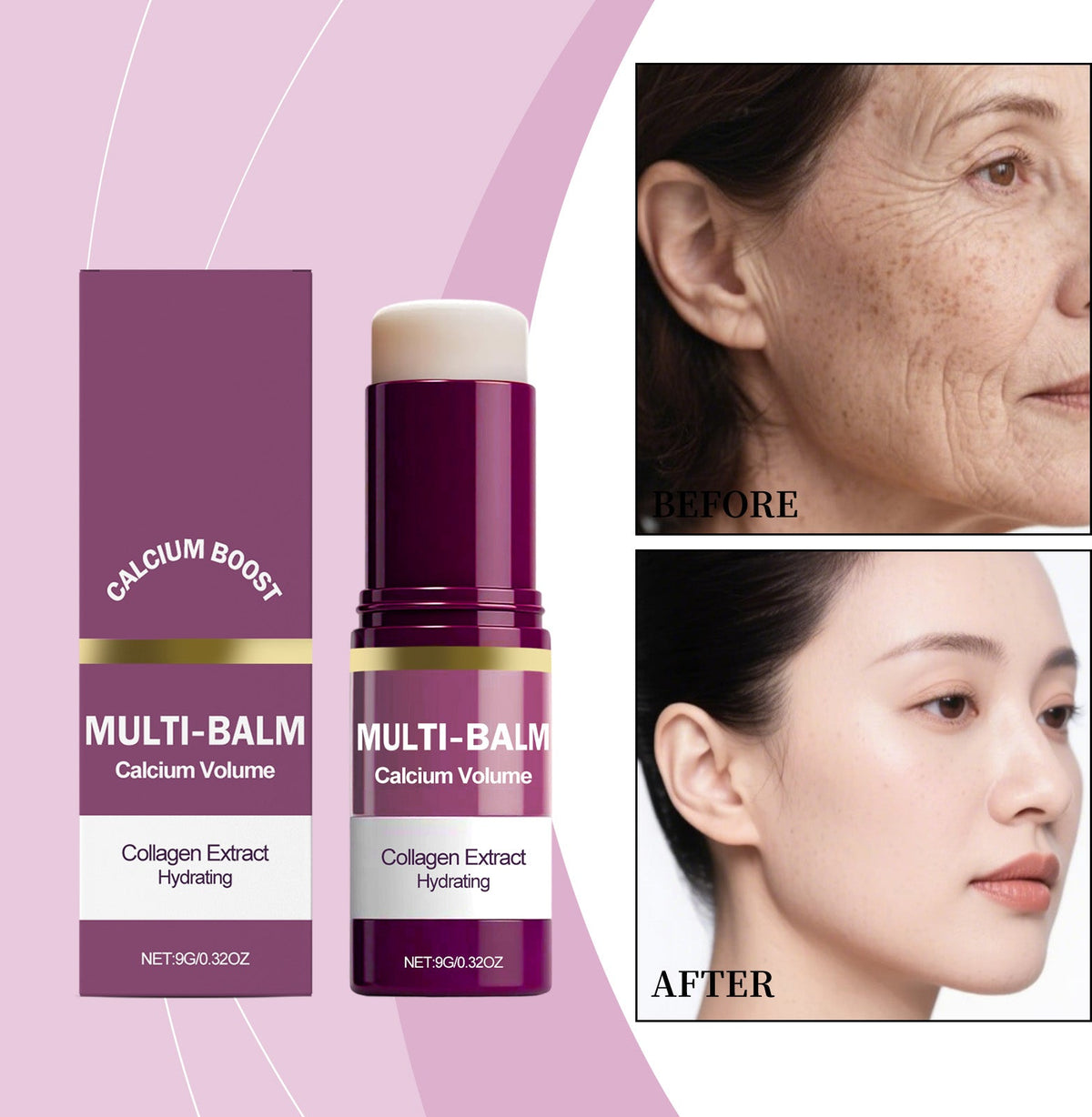 Moisturizing skin balm set: purple cylindrical balm container with beige cap and carton.