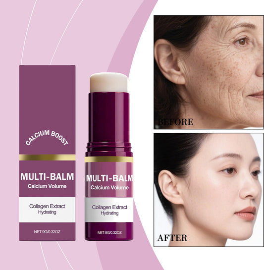 Moisturizing skin balm set: purple cylindrical balm container with beige cap and carton.