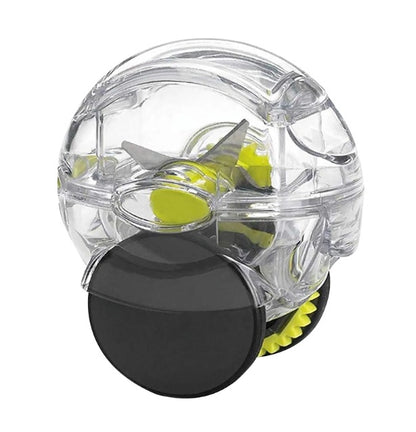 Transparent rolling garlic chopper with black lid and green rotating cutting blades