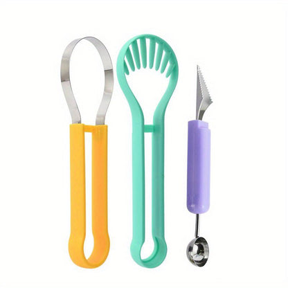 3pcs Set Kitchen Fruit Carving Knife Three-piece Set Of Stainless Steel Watermelon Digging Spoon Fruit Platter Tool Digging Ball Set - Renee Lane Company