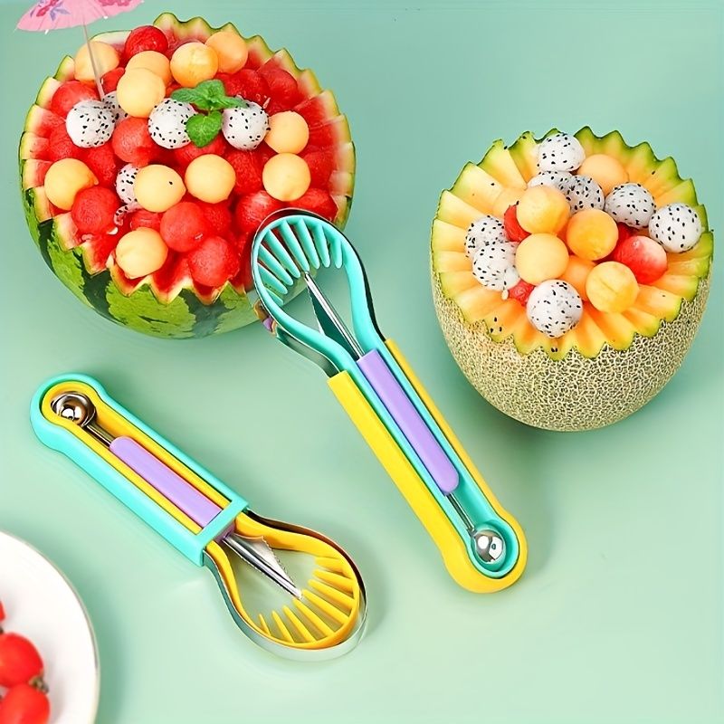 3pcs Set Kitchen Fruit Carving Knife Three-piece Set Of Stainless Steel Watermelon Digging Spoon Fruit Platter Tool Digging Ball Set - Renee Lane Company