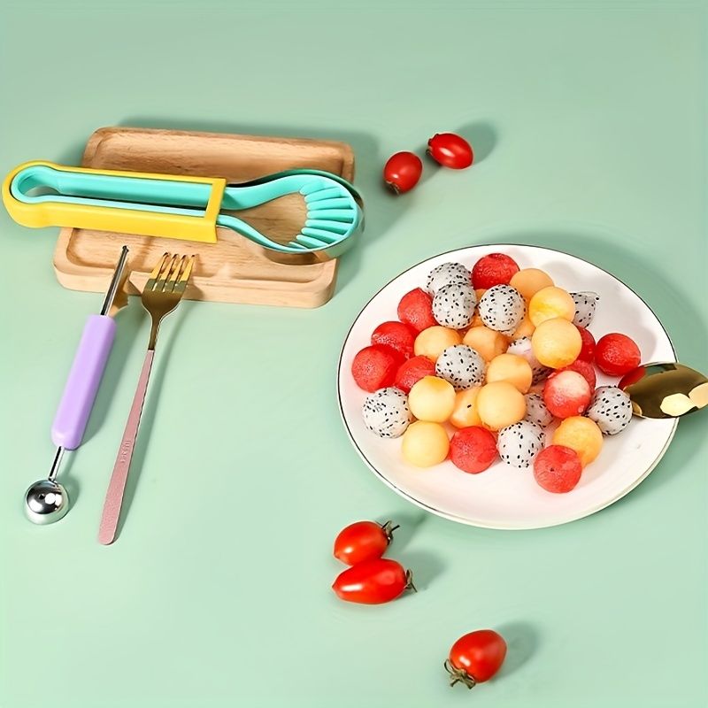 3pcs Set Kitchen Fruit Carving Knife Three-piece Set Of Stainless Steel Watermelon Digging Spoon Fruit Platter Tool Digging Ball Set - Renee Lane Company