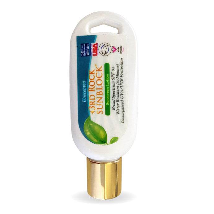 Unscented sunscreen lotion bottle with gold cap, white container, zinc oxide SPF 35