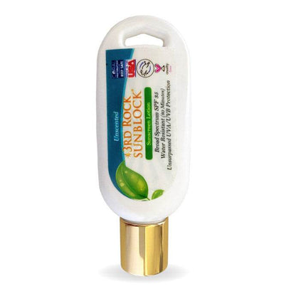 Unscented sunscreen lotion bottle with gold cap, white container, zinc oxide SPF 35