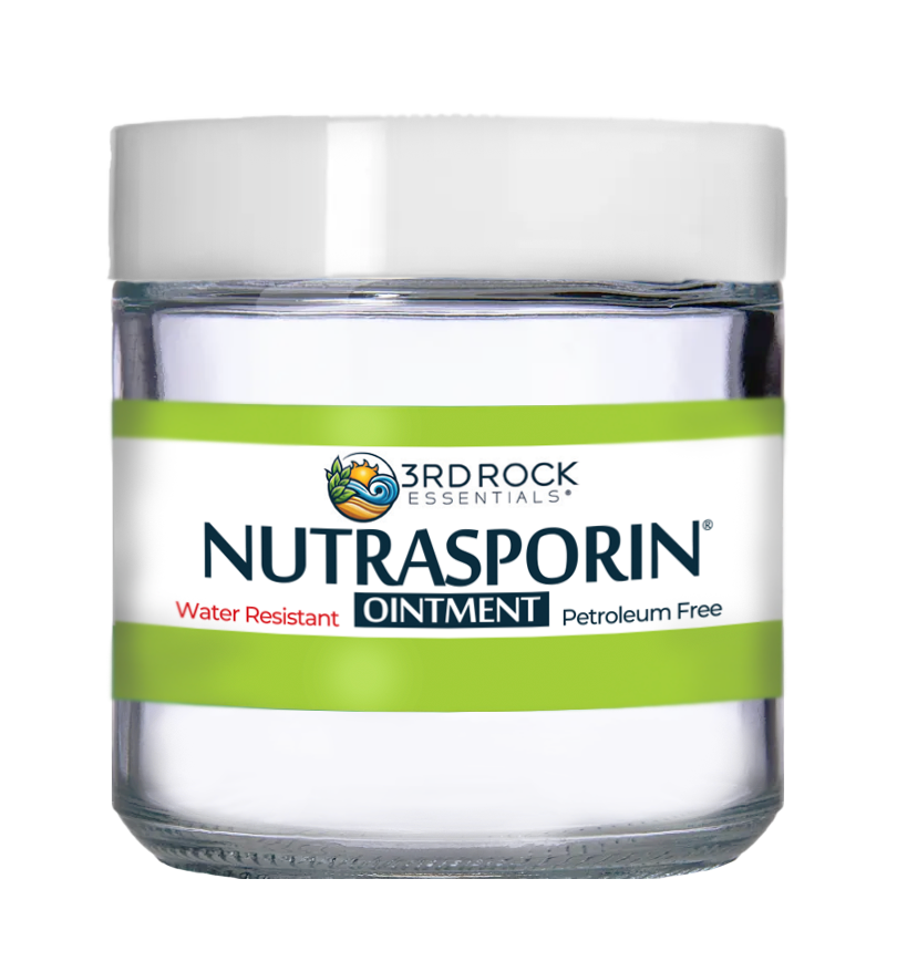 Nutrasporin ointment jar with green Water Resistant and Petroleum Free label