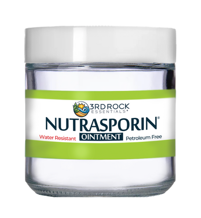Nutrasporin ointment jar with green Water Resistant and Petroleum Free label