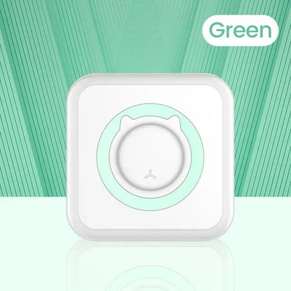 Green portable thermal sticker mini printer, front view with round button