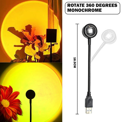 Sunset lamp with warm circular projection, USB cable, and 360° rotation