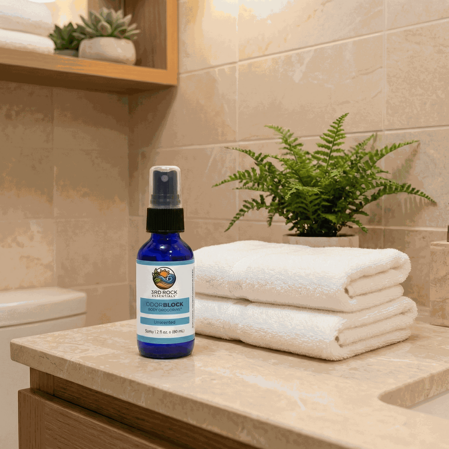 Unscented body deodorant spray bottle with black cap on a countertop surface.