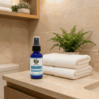 Unscented body deodorant spray bottle with black cap on a countertop surface.