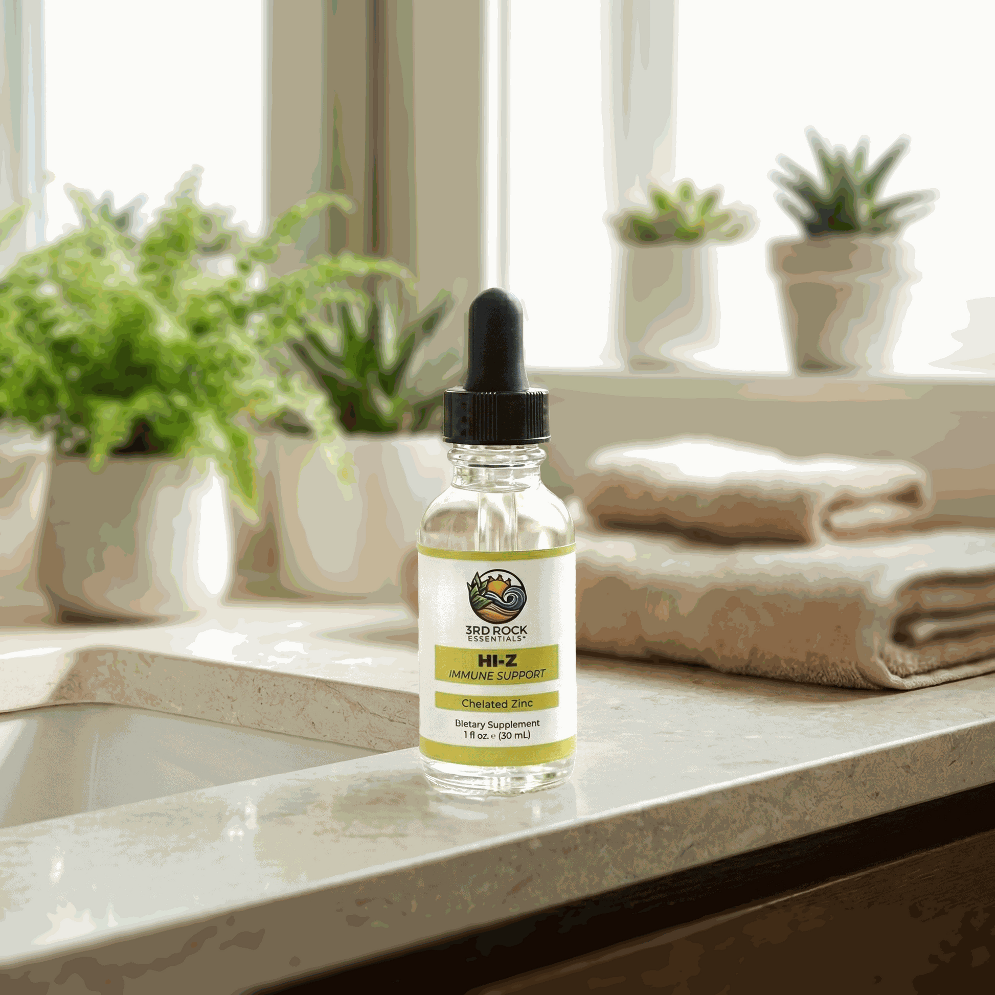 Liquid zinc supplement bottle with black dropper on a countertop