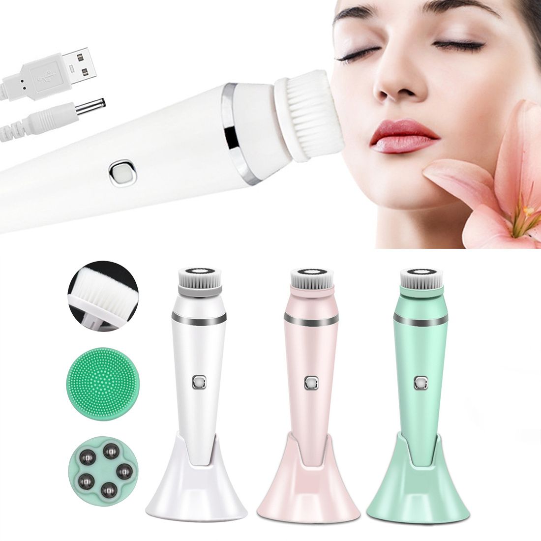 4 In 1 Facial Cleansing Brush, 3 Speeds USB Rechargeable Exfoliating And Facial Massage - Renee Lane Company