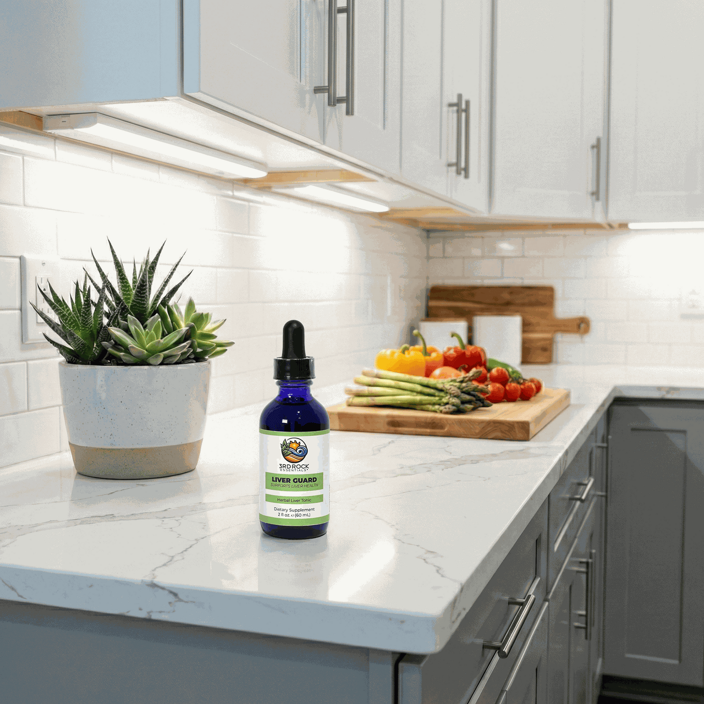 Liver Guard supplement bottle on kitchen counter, dark blue glass with green label