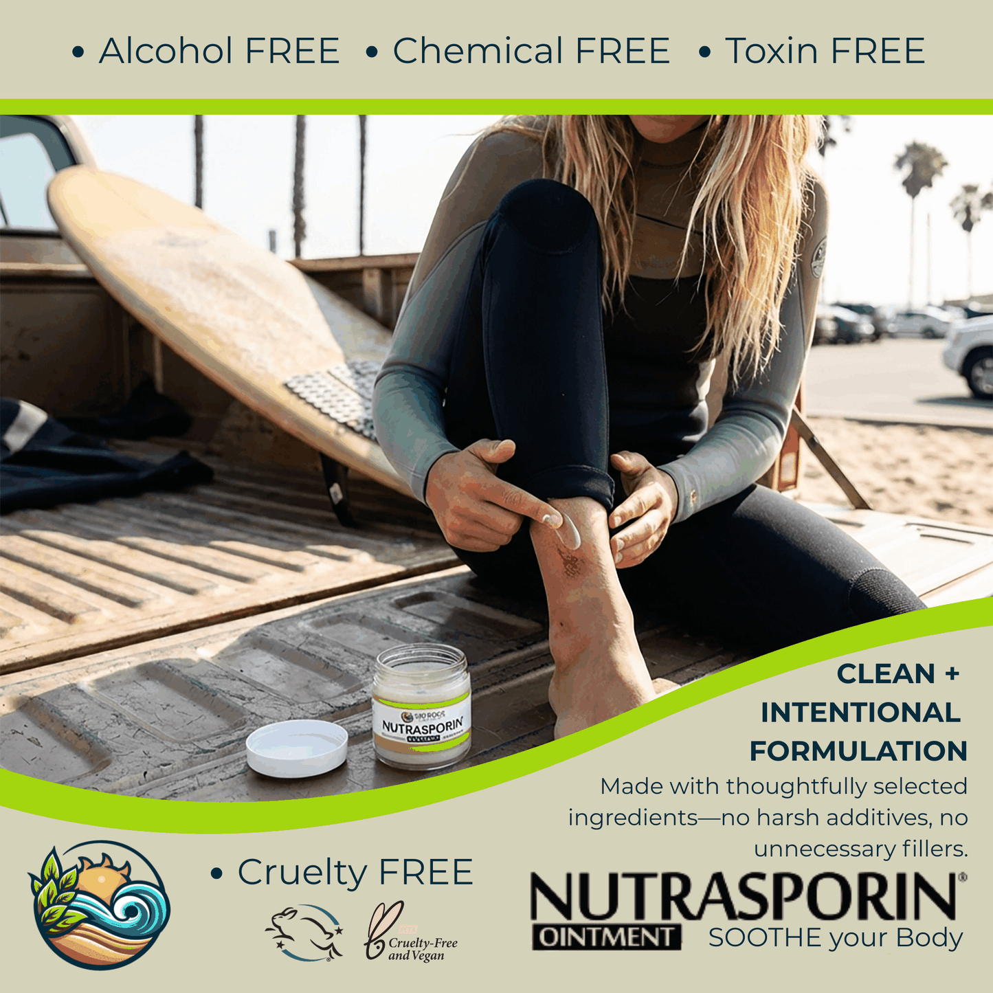 Nutrasporin ointment jar on outdoor bench near person applying to knee