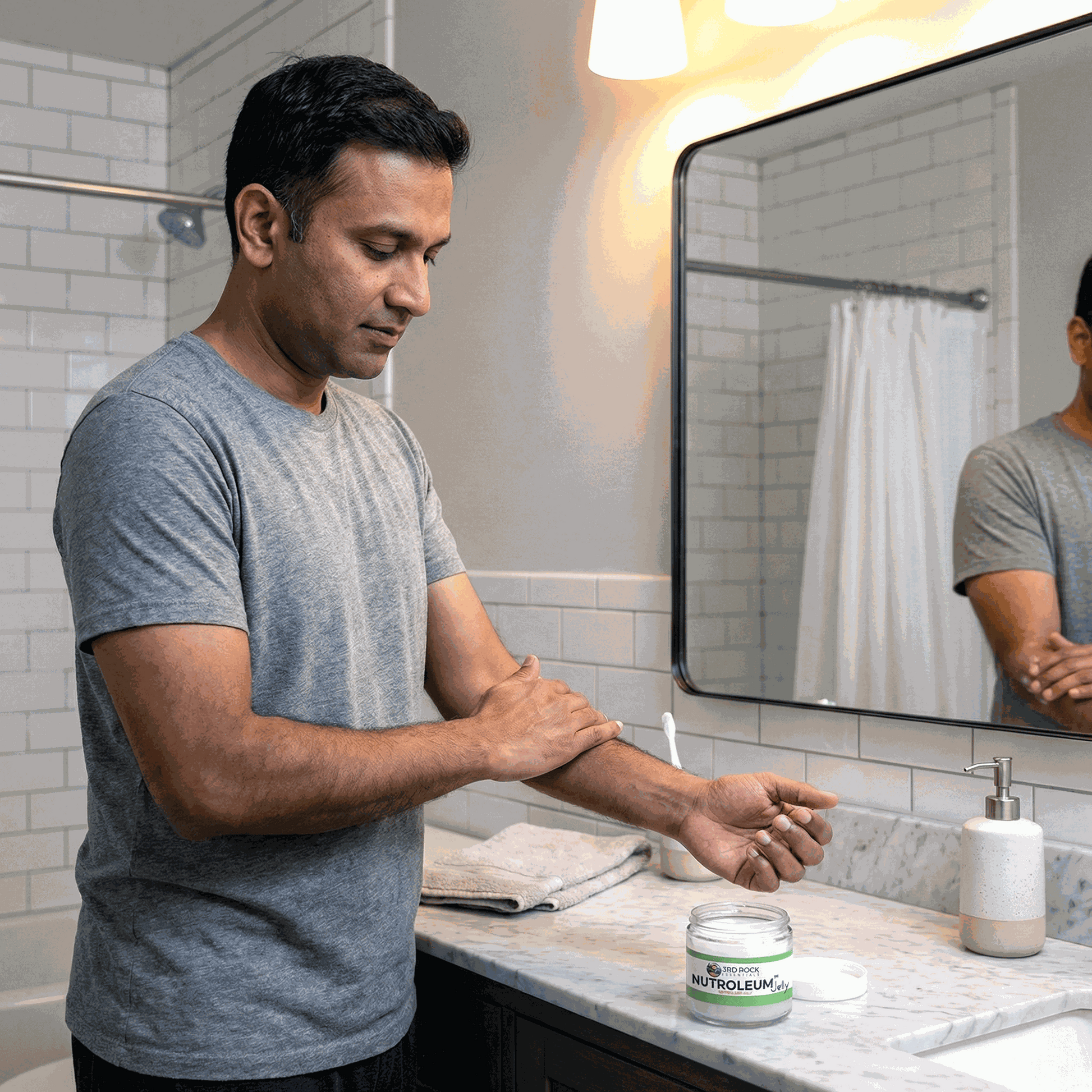 Person applying skin balm, with small skin balm jar on bathroom counter