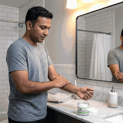 Person applying skin balm, with small skin balm jar on bathroom counter