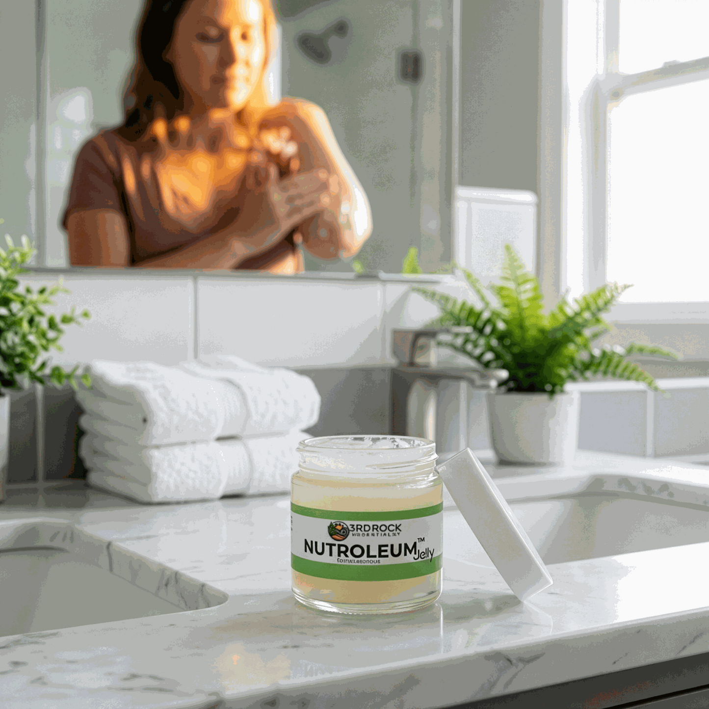 Water-soluble jelly jar on marble table, green label band, white lid open