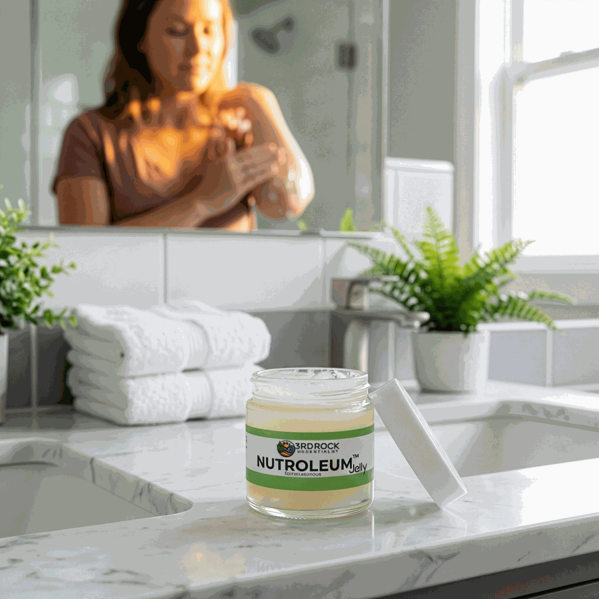 Water-soluble jelly jar on marble table, green label band, white lid open