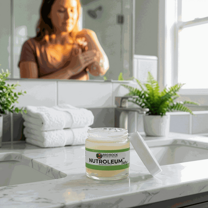 Water-soluble jelly jar on marble table, green label band, white lid open