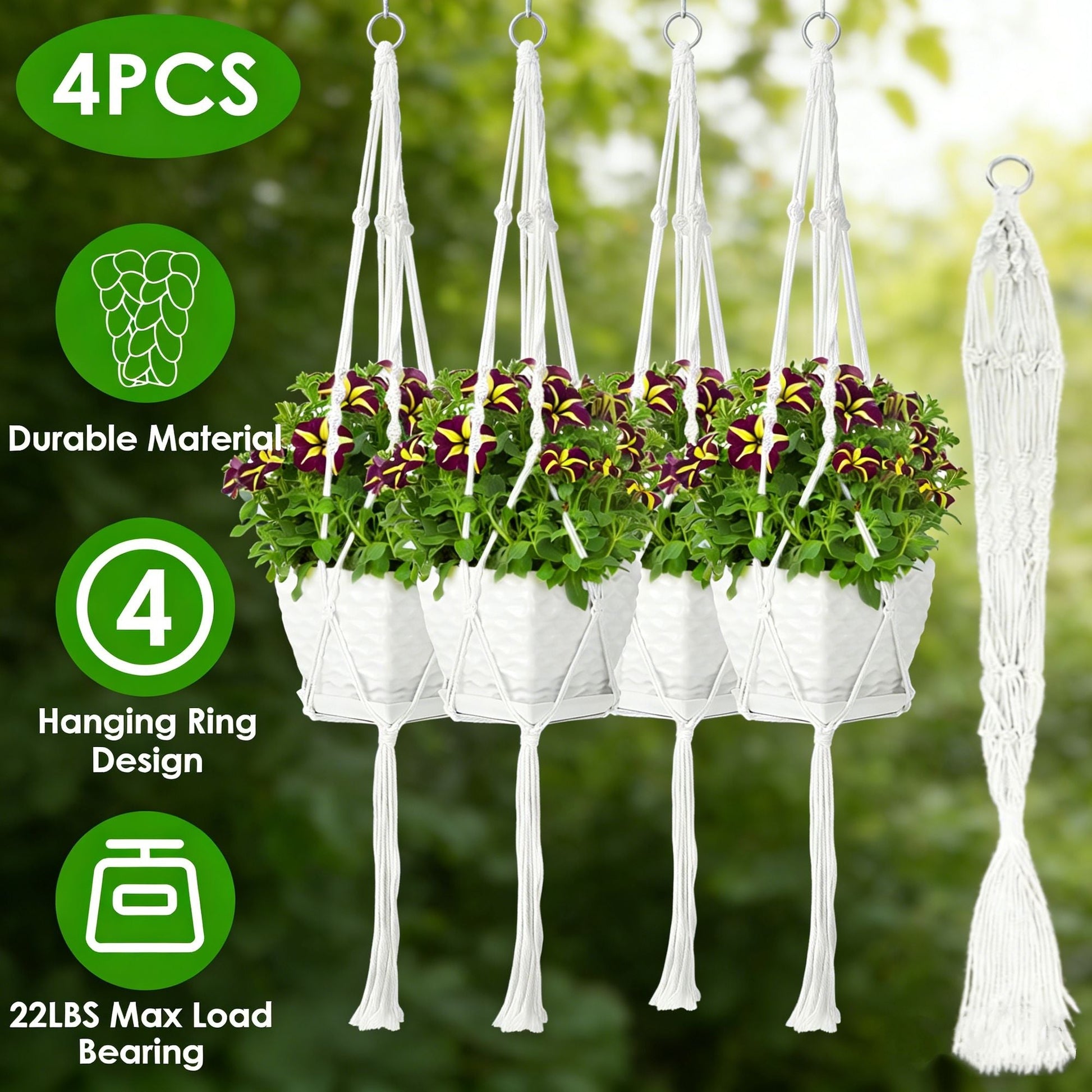 4 PCS Heavy Duty Hanging Plant Holder Natural Cotton Rope Planter Basket with Hanging Ring,Eco-Friendly Hanging Planter Basket Durable Cotton Rope Plant Hanger Space Saving for Indoor Outdoor Garden - Renee Lane Company