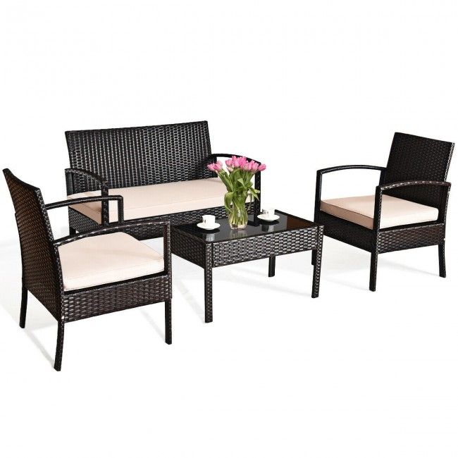 4 Pieces Patio Furniture Sets Rattan Chair Wicker Set Outdoor Bistro - Renee Lane Company