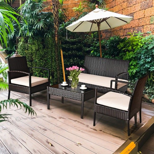 4 Pieces Patio Furniture Sets Rattan Chair Wicker Set Outdoor Bistro - Renee Lane Company